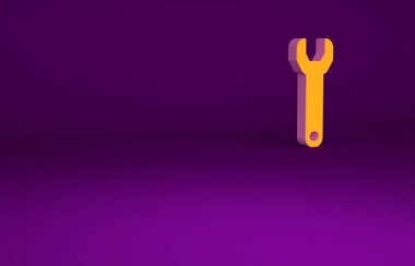 Mor arkaplanda turuncu anahtarlı simge izole edildi. Minimalizm kavramı. 3d illüstrasyon 3B canlandırma.