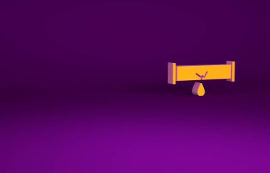 Mor arka planda su ikonu sızıntısı olan turuncu kırık metal boru. Minimalizm kavramı. 3d illüstrasyon 3B canlandırma.