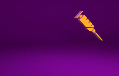 Mor arkaplanda izole edilmiş turuncu şırınga ikonu. Aşı için şırınga, aşı, iğne, grip aşısı. Tıbbi ekipman. Minimalizm kavramı. 3d illüstrasyon 3B canlandırma.