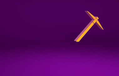 Mor arkaplanda izole edilmiş turuncu kazma simgesi. Minimalizm kavramı. 3d illüstrasyon 3B canlandırma.