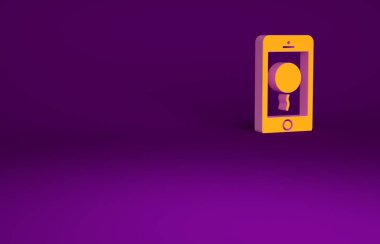 Mor arka planda izole edilmiş doğum günü mesajı simgesi olan turuncu cep telefonu. Minimalizm kavramı. 3d illüstrasyon 3B canlandırma.