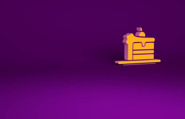 Mor arkaplanda izole edilmiş turuncu kek simgesi. Doğum günün kutlu olsun. Minimalizm kavramı. 3d illüstrasyon 3B canlandırma.