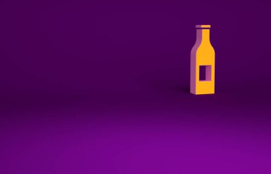Mor arka planda izole edilmiş turuncu bira şişesi ikonu. Minimalizm kavramı. 3d illüstrasyon 3B canlandırma.