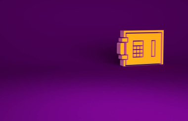 Mor arkaplanda izole edilmiş turuncu kasa simgesi. Kapı, şifreli bir banka kasası. Güvenilir Veri Koruma. Minimalizm kavramı. 3d illüstrasyon 3B canlandırma.