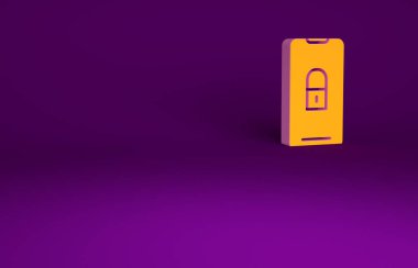 Mor arkaplanda kapalı asma kilit simgesine sahip turuncu akıllı telefon. Kilitli telefon. Gezici güvenlik, güvenlik, koruma konsepti. Minimalizm kavramı. 3d illüstrasyon 3B canlandırma.