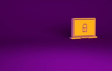 Mor arkaplanda turuncu dizüstü bilgisayar ve kilit simgesi izole edildi. Bilgisayar ve asma kilit. Güvenlik, güvenlik, koruma kavramı. Güvenli bir ağ. Minimalizm kavramı. 3d illüstrasyon 3B canlandırma.