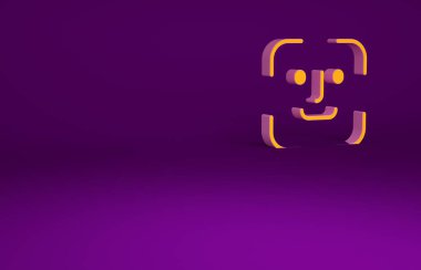 Mor arkaplanda turuncu yüz tanıma simgesi izole edildi. Yüz tanımlama simgesi. Yüz tanıma. Siber güvenlik kavramı. Minimalizm kavramı. 3d illüstrasyon 3B canlandırma.