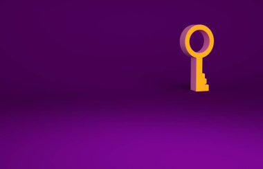 Mor arkaplanda izole edilmiş turuncu eski anahtar simgesi. Minimalizm kavramı. 3d illüstrasyon 3B canlandırma.