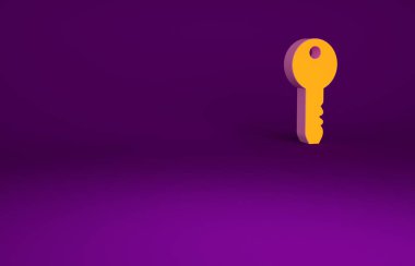 Mor arkaplanda izole edilmiş turuncu anahtar simgesi. Minimalizm kavramı. 3d illüstrasyon 3B canlandırma.