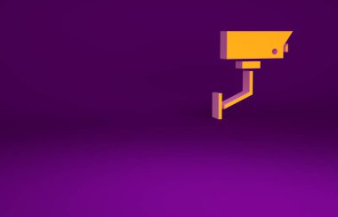 Mor arka planda izole edilmiş turuncu güvenlik kamerası simgesi. Minimalizm kavramı. 3d illüstrasyon 3B canlandırma.