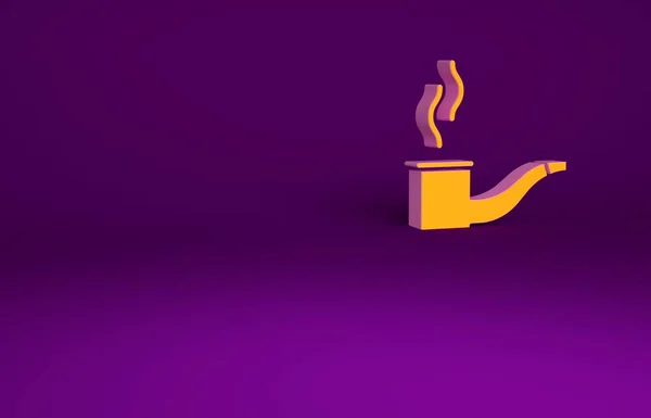 Orange Smoking pipe with smoke icon isolated on purple background. Tobacco pipe. Minimalism concept. 3d illustration 3D render.