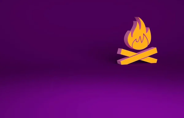 橙色篝火图标孤立在紫色背景 用木柴烧篝火 最低纲领的概念 3D渲染3D插图 — 图库照片