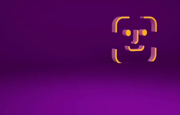 橙色人脸识别图标隔离在紫色背景 人脸识别扫描仪图标 面部识别码网络安全的概念 最低纲领的概念 3D渲染3D插图 — 图库照片