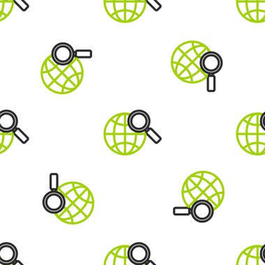 Küre simgesine sahip çizgi büyüteç beyaz arka planda izole edilmiş pürüzsüz desen. Dünyayı analiz ediyorum. Küresel arama işareti. Vektör İllüstrasyonu.