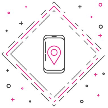 Uygulama dağıtım simgesine sahip, beyaz arkaplanda izole edilmiş mobil telefon hattı. Paket takibi. Renkli taslak konsepti. Vektör İllüstrasyonu.