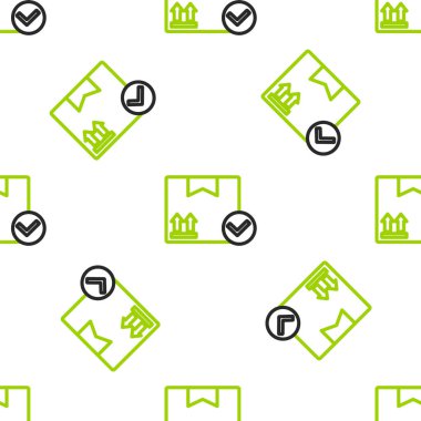 Beyaz arkaplanda işaretli simgeyle izole edilmiş çizgi paket kutusu. Paket kutusu. Onaylanmış teslimat veya başarılı paket makbuzu. Vektör İllüstrasyonu.