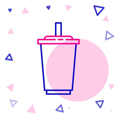 Beyaz zemin üzerinde saman ve su ikonu olan çizgi kağıt bardak. Soda bardağı. Taze soğuk içecek sembolü. Renkli taslak konsepti. Vektör İllüstrasyonu.