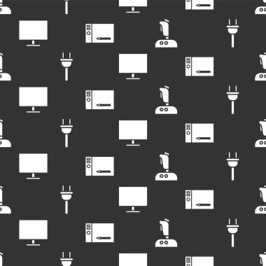 Oyun makinesi, elektrik prizi, bilgisayar monitörü ekranı ve grafiksel tableti dikişsiz desen üzerine ayarla. Vektör.