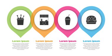 Tavuk bacağını paket kutusuna koy, sokak tezgahını güneşlikle, milkshake ve burgerle donat. Ticari bilgi şablonu. Vektör.