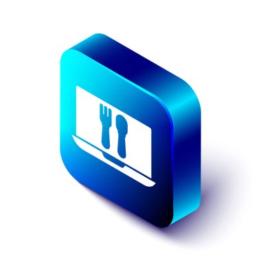 Isometric Online sipariş ve fast food dağıtım ikonu beyaz arka planda izole edildi. Mavi kare düğme. Vektör İllüstrasyonu.