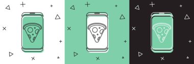 Yiyecek sipariş eden pizza ikonunu beyaz ve yeşil, siyah arkaplanda izole et. Cep telefonuyla sipariş verin. Restoran yemek teslimatı konsepti. Vektör İllüstrasyonu.