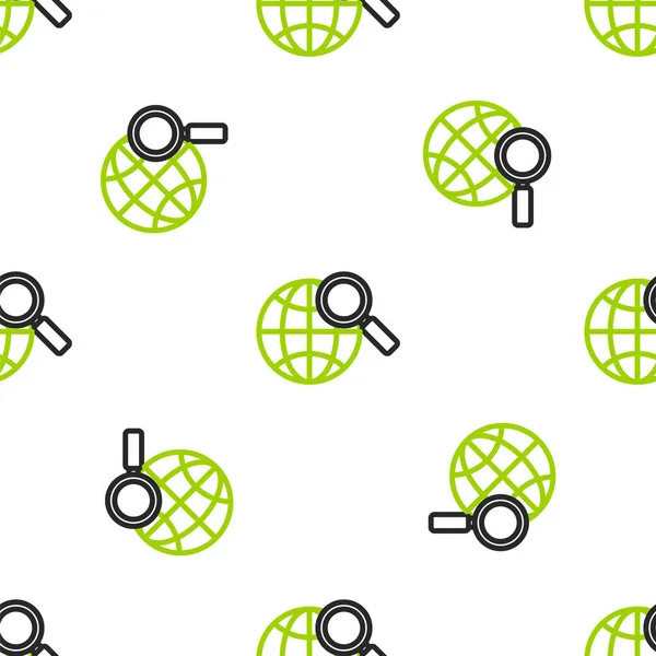 Küre simgesine sahip çizgi büyüteç beyaz arka planda izole edilmiş pürüzsüz desen. Dünyayı analiz ediyorum. Küresel arama işareti. Vektör İllüstrasyonu.