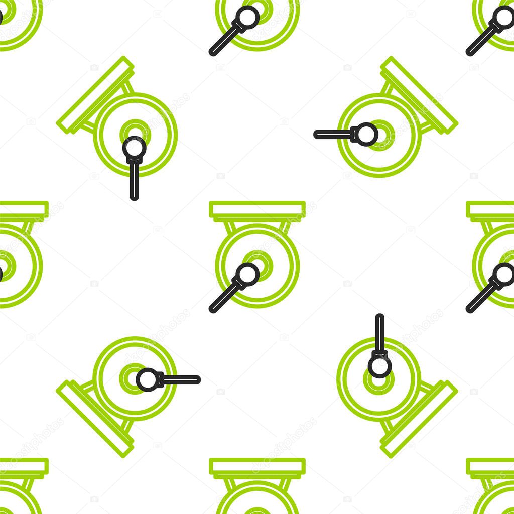 Line Gong musical percussion instrument circular metal disc and hammer icon isolated seamless pattern on white background.  Vector Illustration.