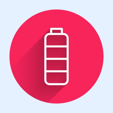 Beyaz çizgi Batarya şarj seviyesi göstergesi simgesi uzun gölgeli izole edildi. Kırmızı daire düğmesi. Vektör İllüstrasyonu.