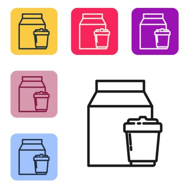 Siyah hat online sipariş ve fast food dağıtım ikonu beyaz arka planda izole edildi. Renkli kare düğmelerle simgeleri ayarla. Vektör İllüstrasyonu.