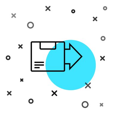 Siyah çizgi karton kutu simgesi beyaz arkaplanda izole edildi. Kutu, paket, paket işareti. Teslimat ve ambalaj. Rastgele dinamik şekiller. Vektör İllüstrasyonu.