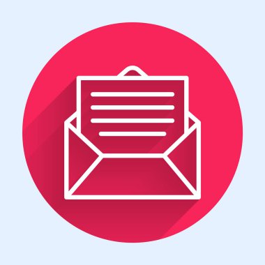 Beyaz çizgi Zarf simgesi uzun gölgeli izole edilmiş. E- posta mektup sembolü. Kırmızı daire düğmesi. Vektör İllüstrasyonu.