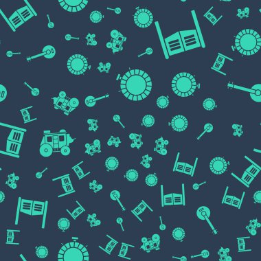 Kantin su şişesini, salon kapısını, batı posta arabasını ve Banjo 'yu kusursuz bir şekilde ayarla. Vektör.