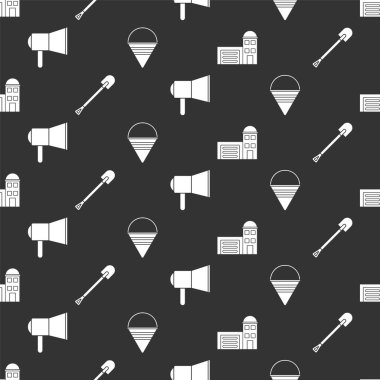 İtfaiye binası, yangın küreği, megafon ve yangın konisi kovasını pürüzsüz desene ayarlayın. Vektör.