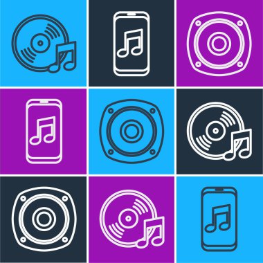 Satır Vinil diski, Stereo hoparlörü ve Müzik çalar simgesini ayarla. Vektör.