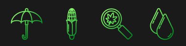 Çizgi büyüteçleri yaprak, Şemsiye, Mısır ve Su damlası ile ayarla. Renk simgeleri. Vektör.