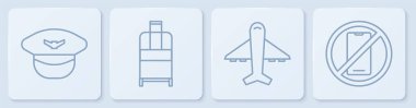Pilot şapkası, uçak, bavul ve cep telefonu yok. Beyaz kare düğme. Vektör.