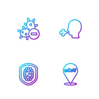 Corona virüsü 2019-nCoV 'u konuma, kalkan korumasına, Negatif ve Adam öksürüğüne ayarlayın. Renk simgeleri. Vektör.