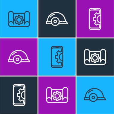 Çizgi çizme kağıdı ve teçhizatı akıllı telefon ve işçi kaskı simgesine ayarla. Vektör.