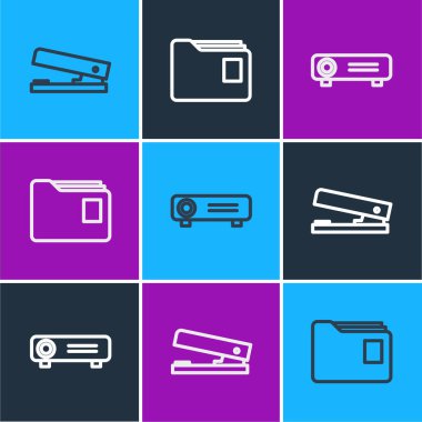 Ofis zımbası, film, film, medya projektörü ve belge klasörü simgesini ayarla. Vektör.