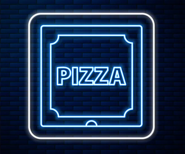 Светящаяся Неоновая Линия Пицца Картонной Коробке Значок Изолирован Фоне Кирпичной — стоковый вектор