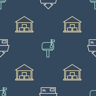 Karton karton kutu, depo ve posta kutusunu kusursuz desene ayarlayın. Vektör.