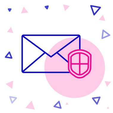 Beyaz arkaplanda kalkan simgesi olan çizgi zarfı. Sigorta konsepti. Güvenlik, güvenlik, koruma, konsept koruma. Renkli taslak konsepti. Vektör İllüstrasyonu.