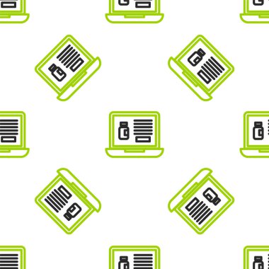 Dizüstü bilgisayar simgesinde internetten uyuşturucu almak beyaz arka planda izole edilmiş. İnternetten satın alma sembolü. Vektör İllüstrasyonu.