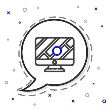 Çizgi bilgisayar monitörü ve katlanmış harita beyaz arkaplanda izole edilmiş konum imleci simgesi ile. Renkli taslak konsepti. Vektör İllüstrasyonu.