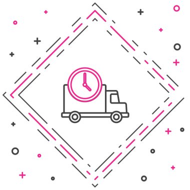 Çizgi Lojistik dağıtım kamyonu ve saat simgesi beyaz arka planda izole edildi. Teslimat zamanı ikonu. Renkli taslak konsepti. Vektör İllüstrasyonu.