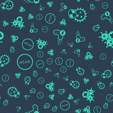 Negatif virüsü, Kalkan 'ı virüsten, Corona virüsü 2019-nCoV' u ve pozitif virüsü sorunsuz bir kalıba sokun. Vektör.