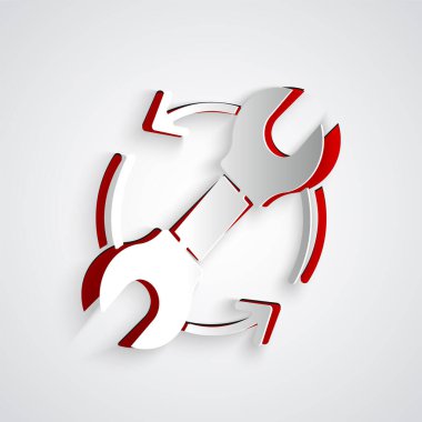 Kağıt kesme Anahtarı ve oklar iş akışı simgesi olarak gri arkaplanda izole edildi. Ayarlama, servis, ayar, bakım, onarım, onarım. Kağıt sanatı tarzı. Vektör İllüstrasyonu.