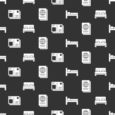 Yatak, büyük yatak, pasaport, vize damgası ve pasaport. Vektör.