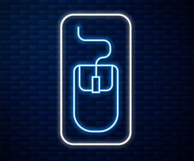 Parlayan neon hattı bilgisayar fare simgesi tuğla duvar arka planında izole edildi. Tekerlek sembollü optik. Vektör İllüstrasyonu.