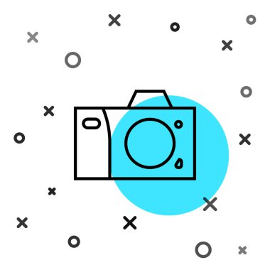 Siyah çizgi fotoğraf makinesi simgesi beyaz arkaplanda izole edildi. Fotoğraf makinesi simgesi. Rastgele dinamik şekiller. Vektör İllüstrasyonu.